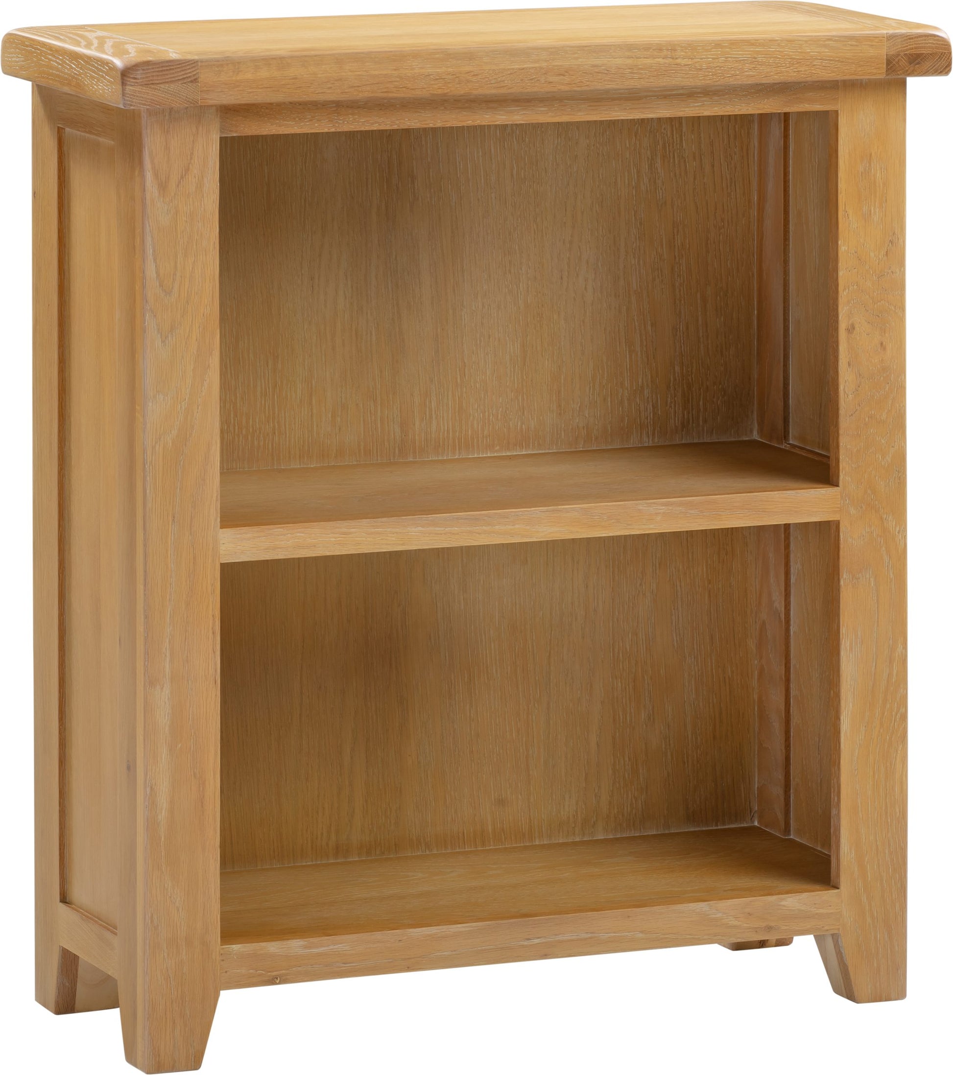 Wooden bookshelf with two shelves on a white background