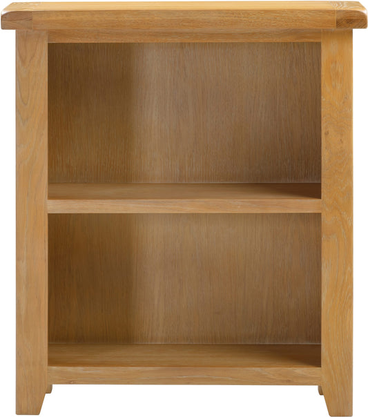 Wooden bookshelf with two shelves on a white background