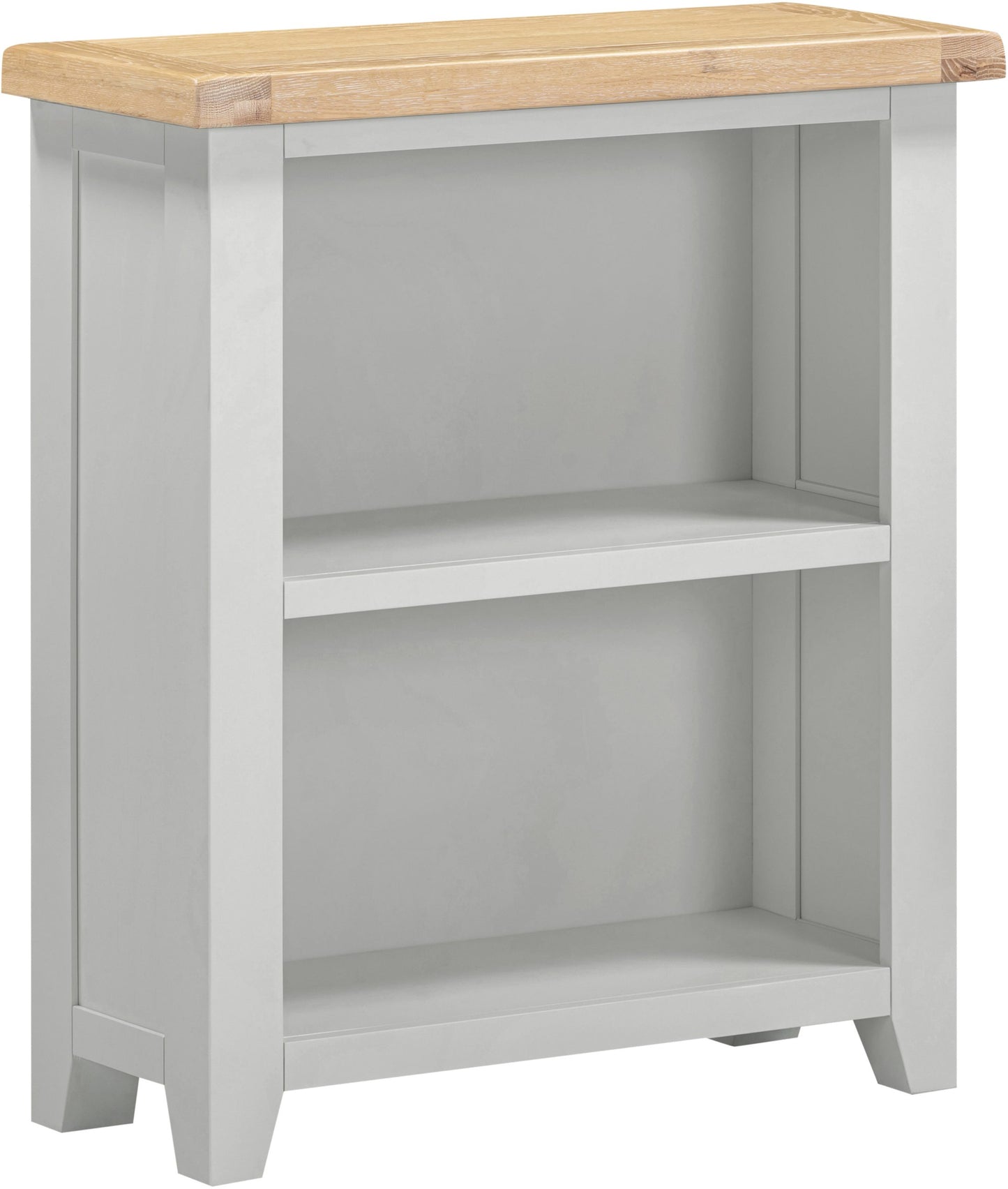 Small bookshelf with a light gray finish and wooden top on a white background