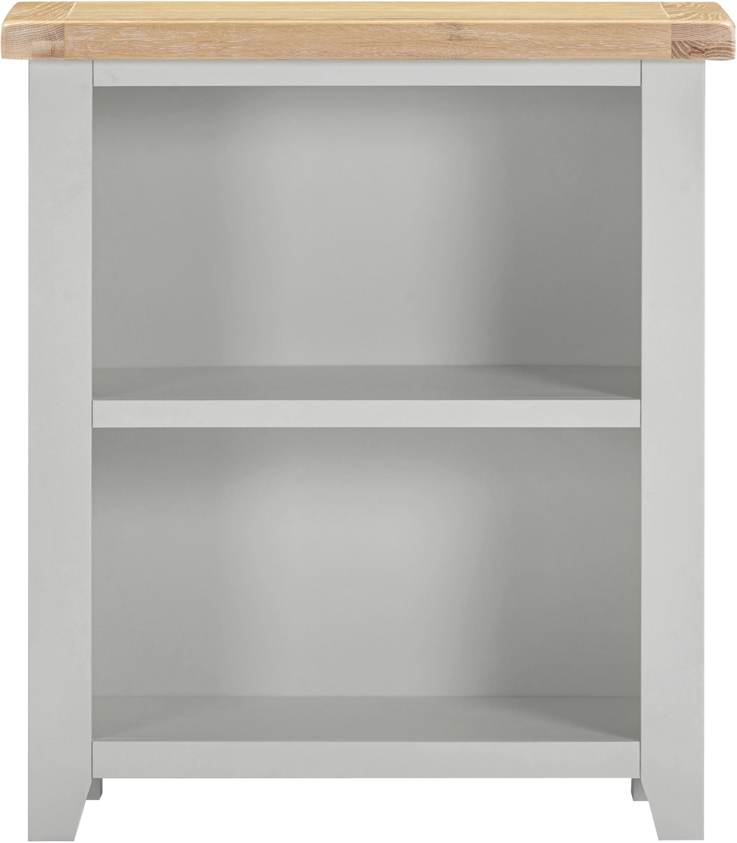 White bookshelf with a wooden top on a gray background