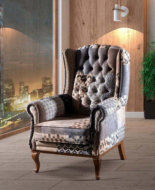multi colour grey and blue patchwork queen anne chair