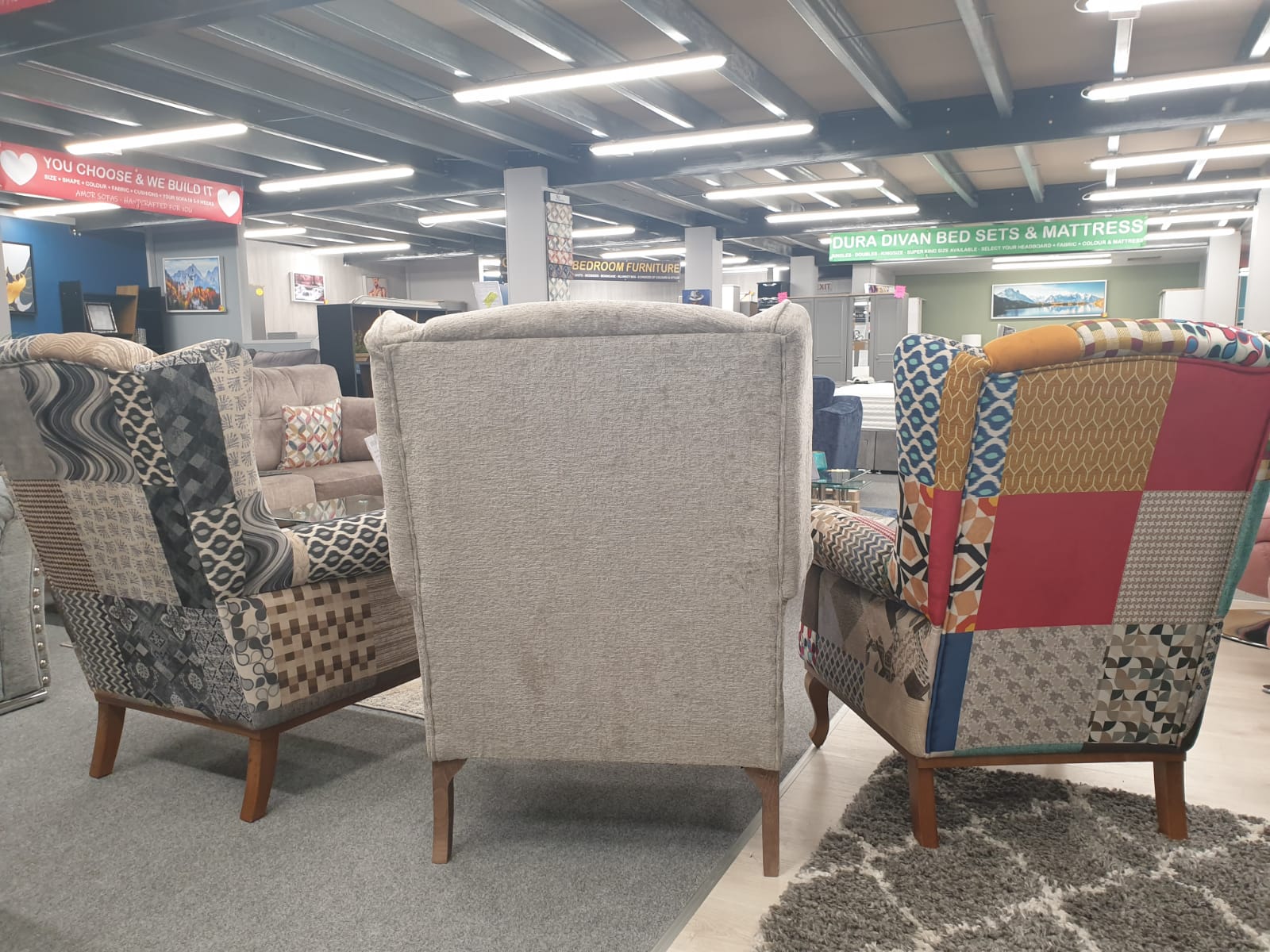 multi colour grey and blue patchwork queen anne chair