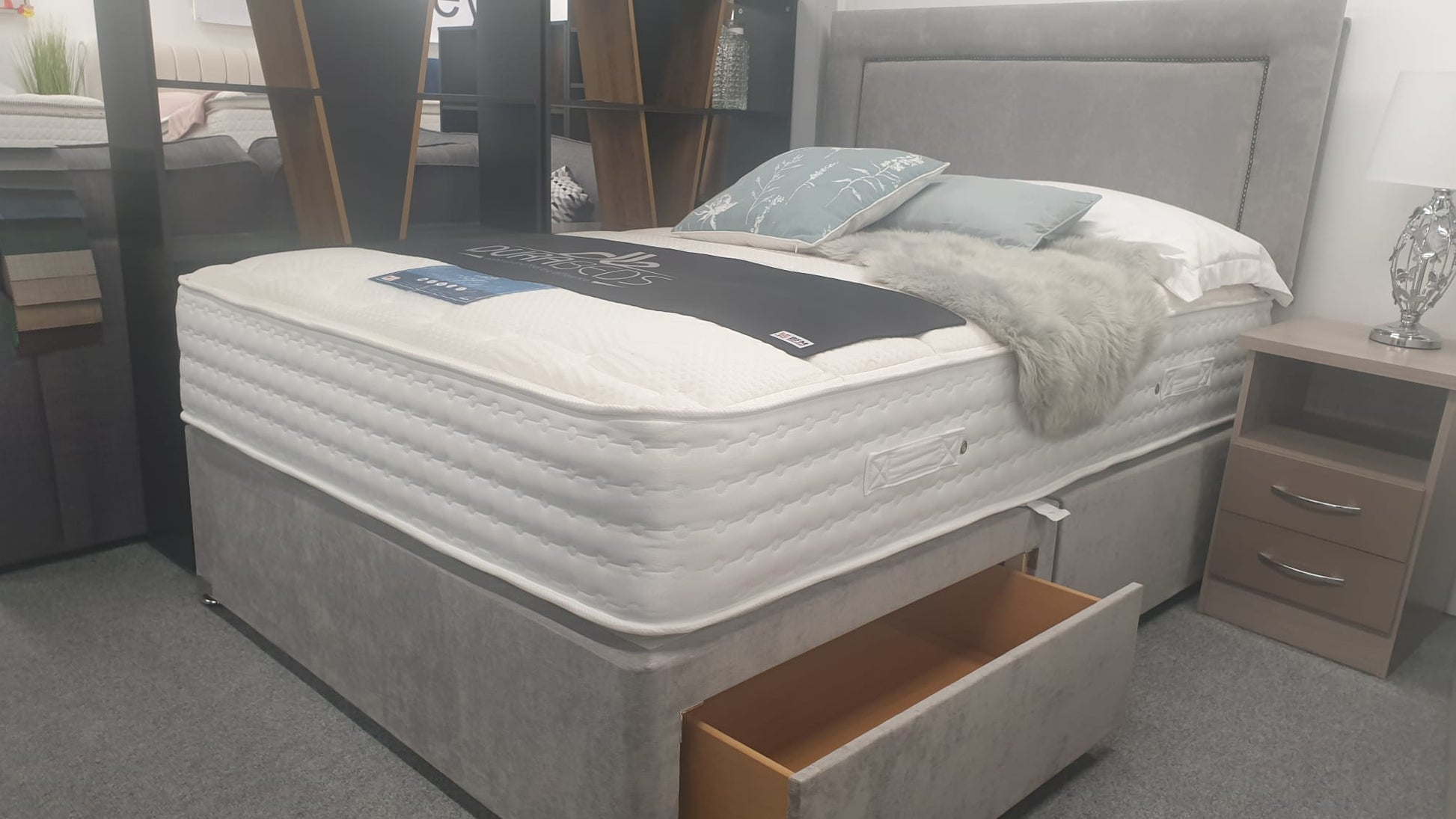 Divan Bed Set - Vermont 1000 Mattress with Madrid Headboard in Comet Silver fabric.