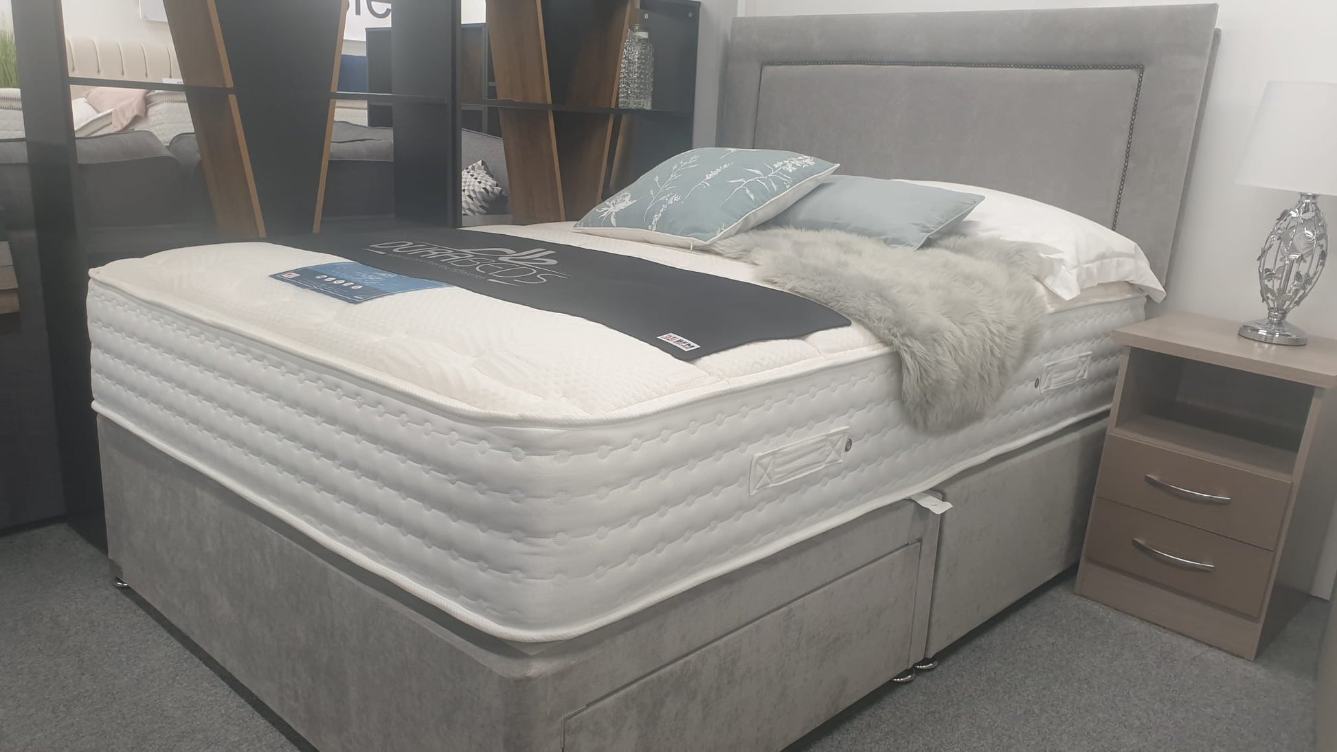 Divan Bed Set - Vermont 1000 Mattress with Madrid Headboard in Comet Silver fabric.