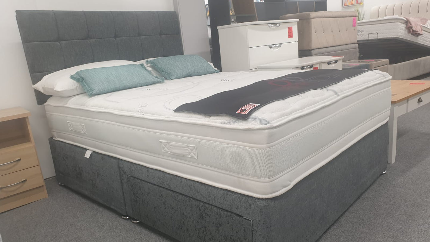 Divan Bed Set - Vermont 1000 Mattress with Cube Headboard in Carlton Charcoal