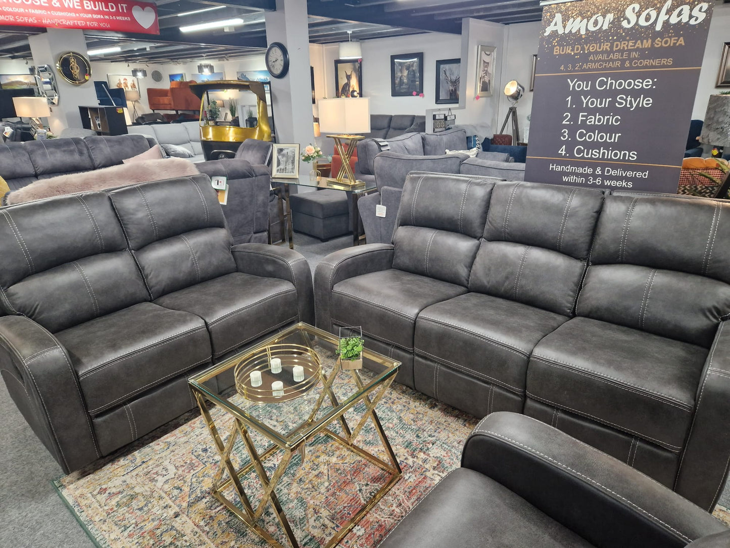 Galway Recliner Sofas - Gunmetal Grey Fabric