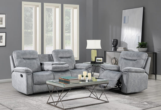 Light Gray reclining sofa set in a living room with a coffee table and decor items.