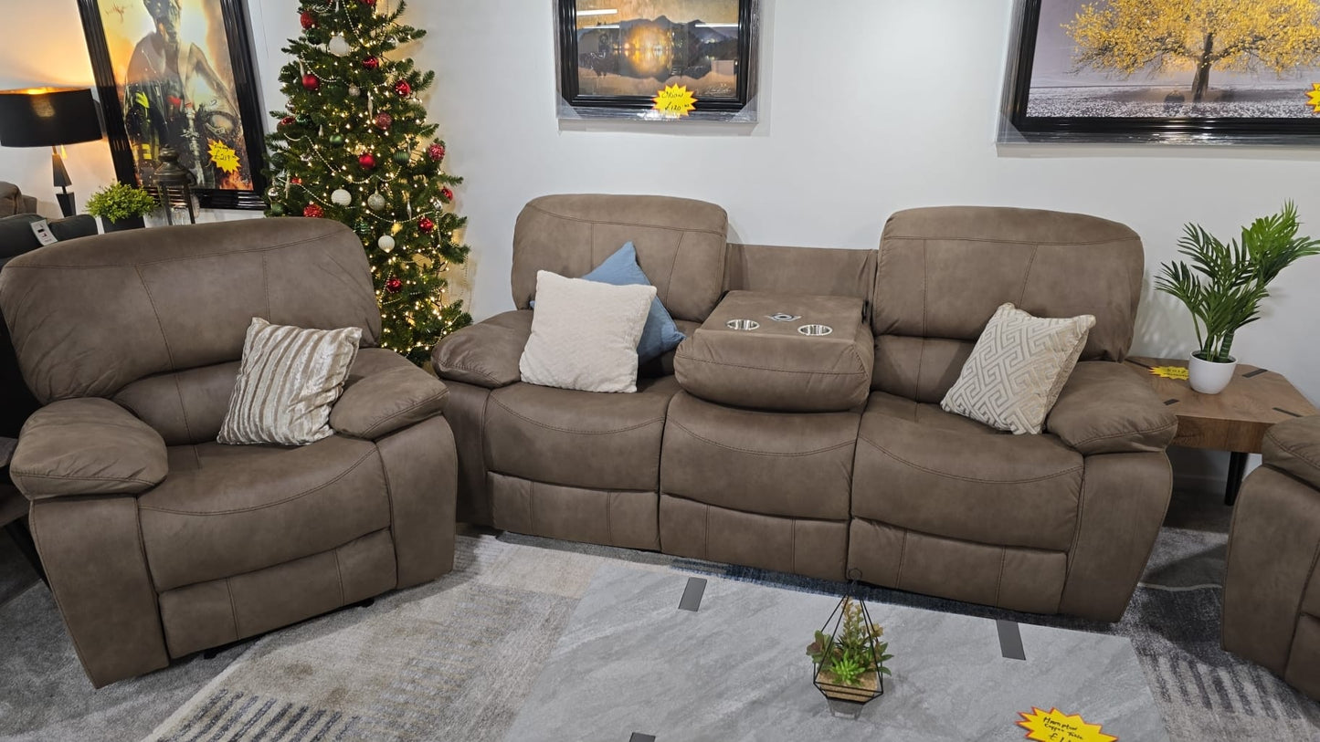 Sandstone Fabric recliner sofa set in a living room with Christmas decorations and a TV.
