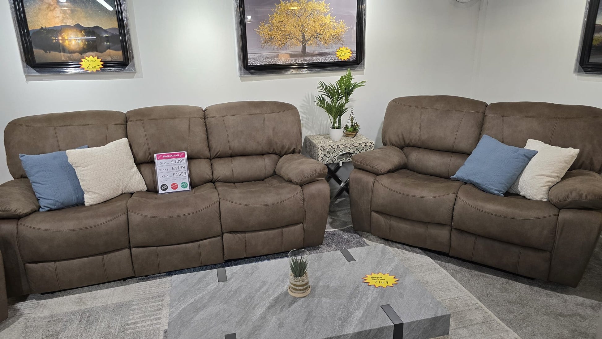 Sandstone Fabric recliner sofa set with cushions in a living room setting.