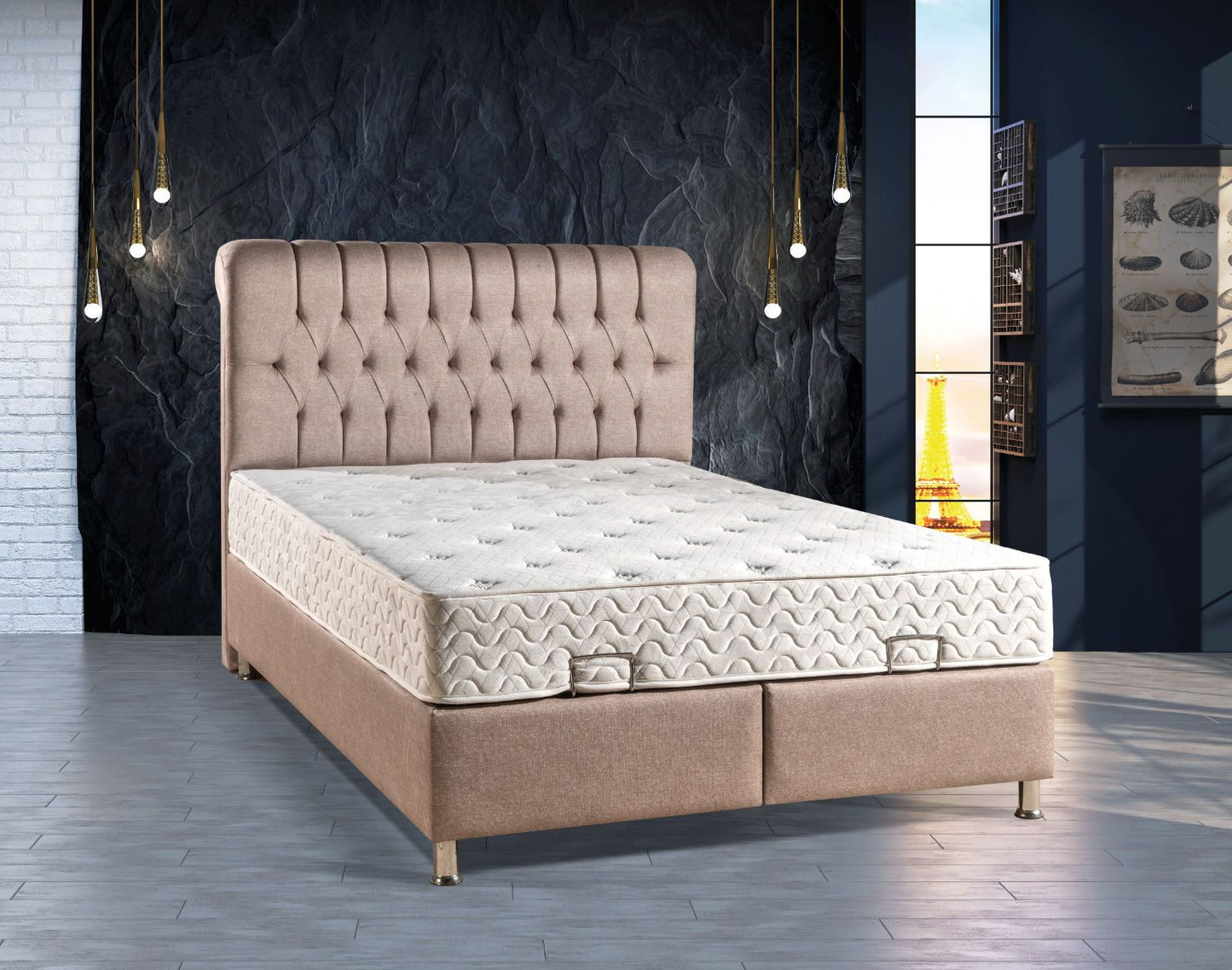 Kingsley Ottoman Storage Bed in Plush Biscuit Fabric.