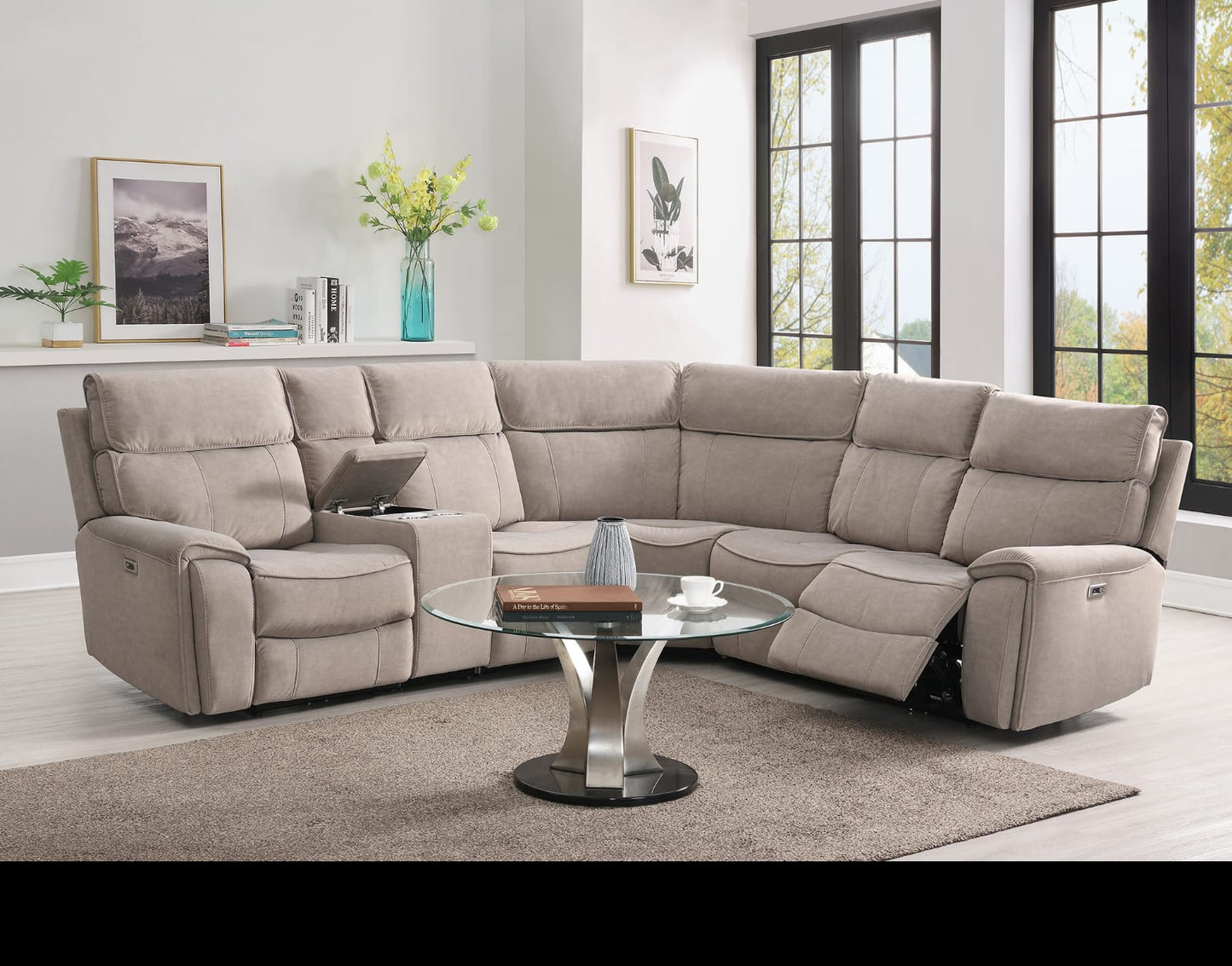 Sheldon Power Recliner Corner Sofas - Beige Fabric