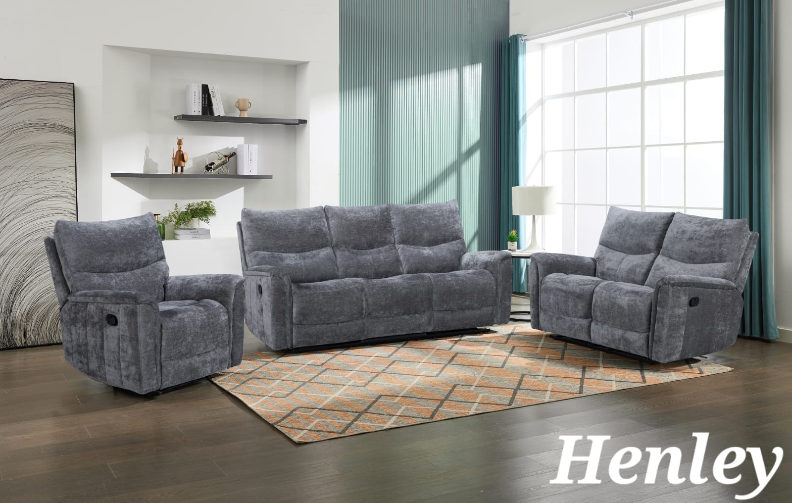 Gray fabric reclining sofa set in a living room with 'Henley' branding.