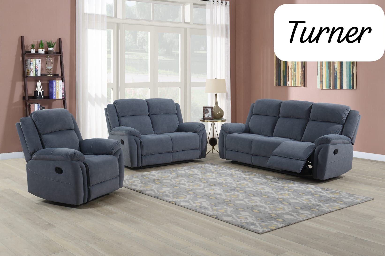 Gray fabric reclining sofa set in a living room with 'Turner' branding.