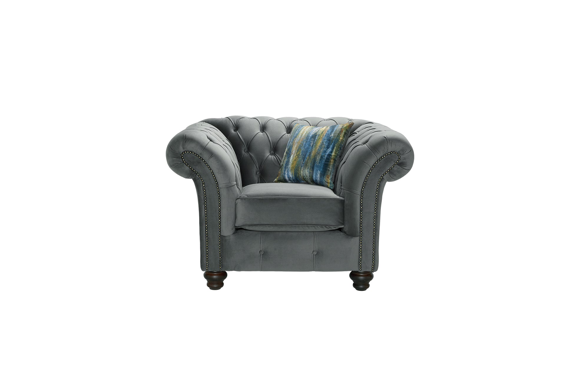 Gray armchair with a striped pillow on a white background