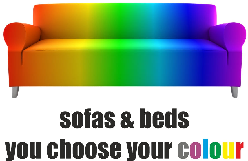Colorful sofa with a gradient from red to purple on a white background, accompanied by text 'sofas & beds you choose your colour'.