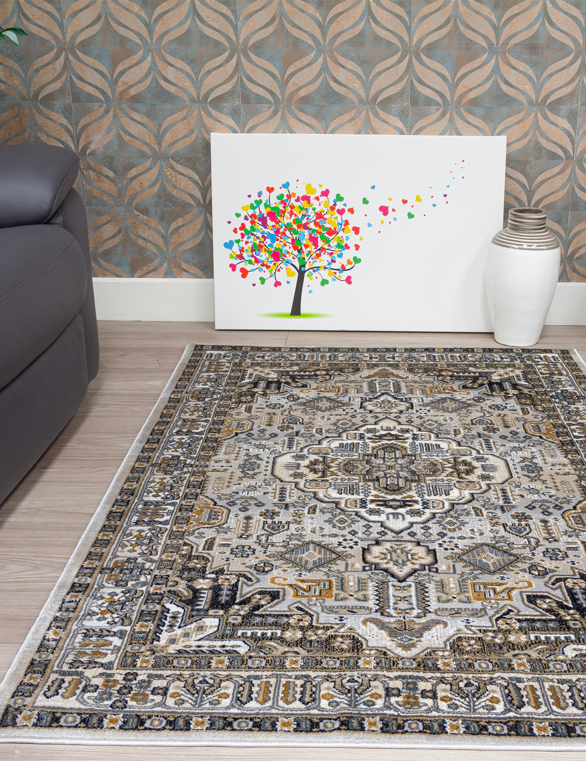 Aziza Medallion Patterned Grey Rugs