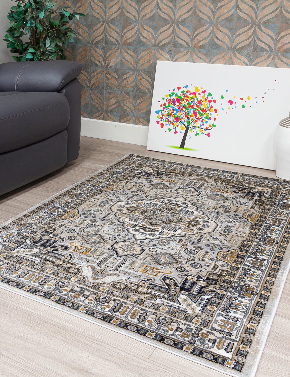 Aziza Medallion Patterned Grey Rugs