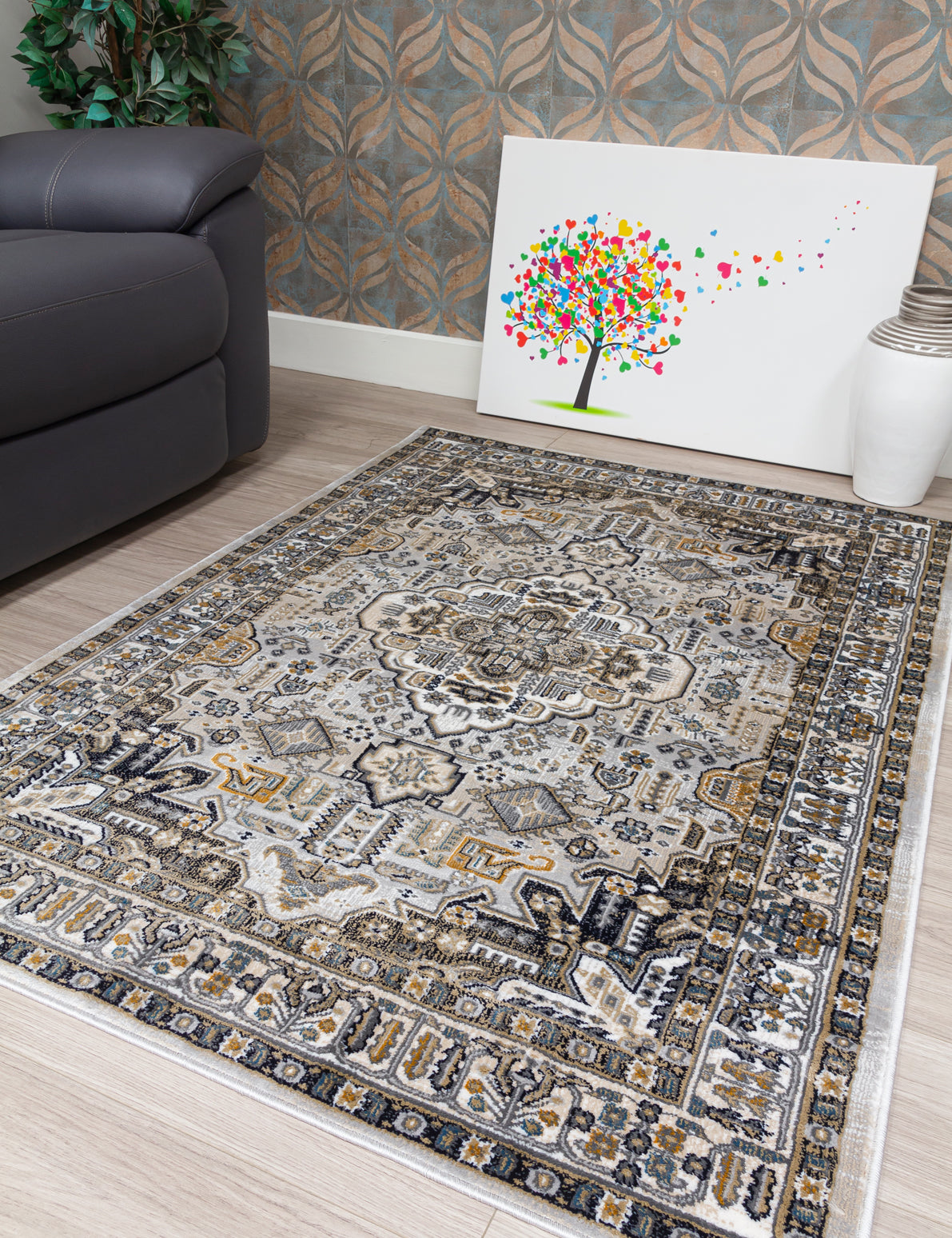 Aziza Medallion Patterned Grey Rugs