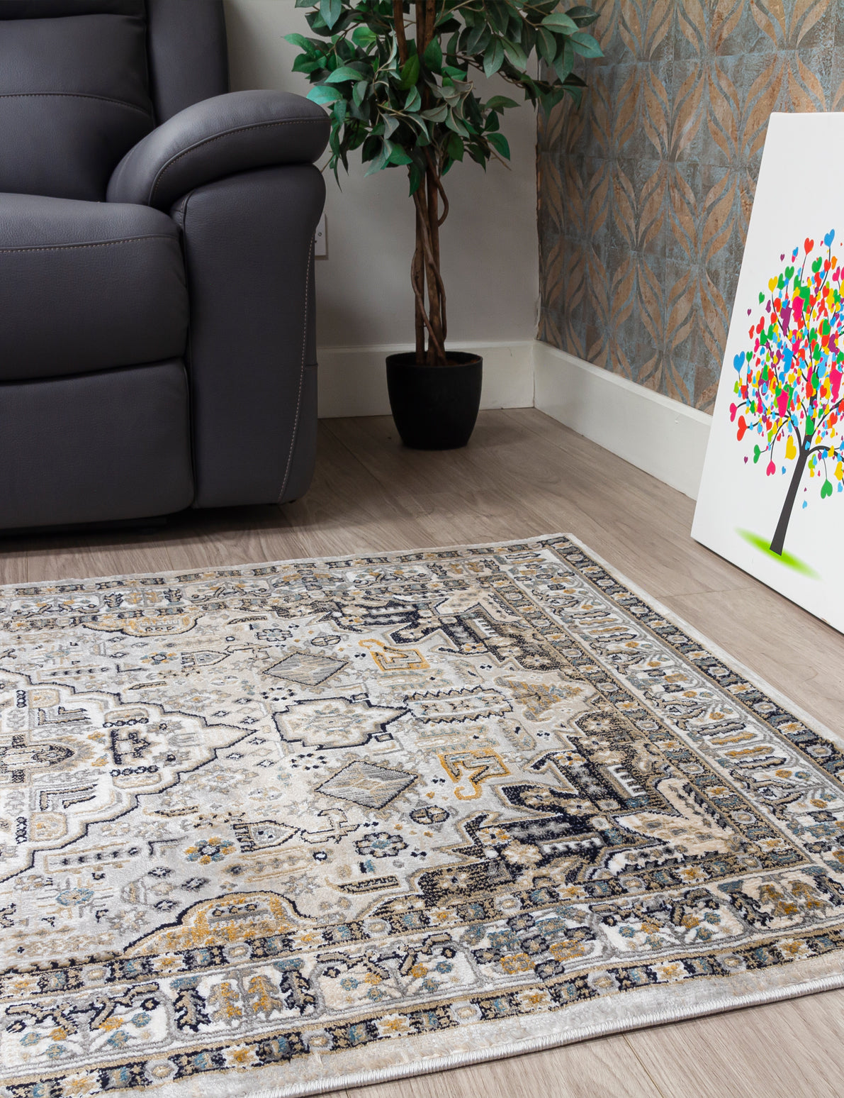 Aziza Medallion Patterned Grey Rugs