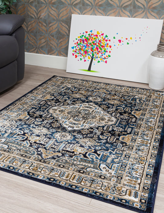 Aziza Medallion Navy Patterned Rugs