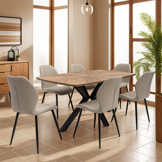 Windsor 1.6m Medium Oak Veneer Dining Table Set + 6x Santorini Dining Chairs