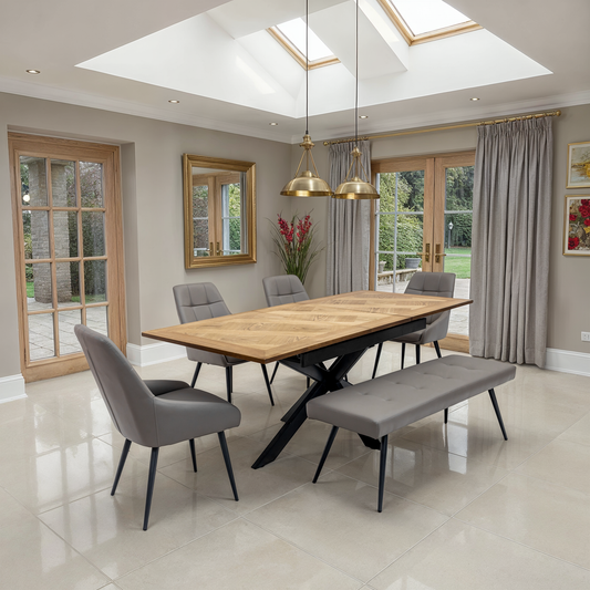Oakley 1.6m Extending (+40cm) Oak Veneer Dining Table Set + Bench & Dining Chairs