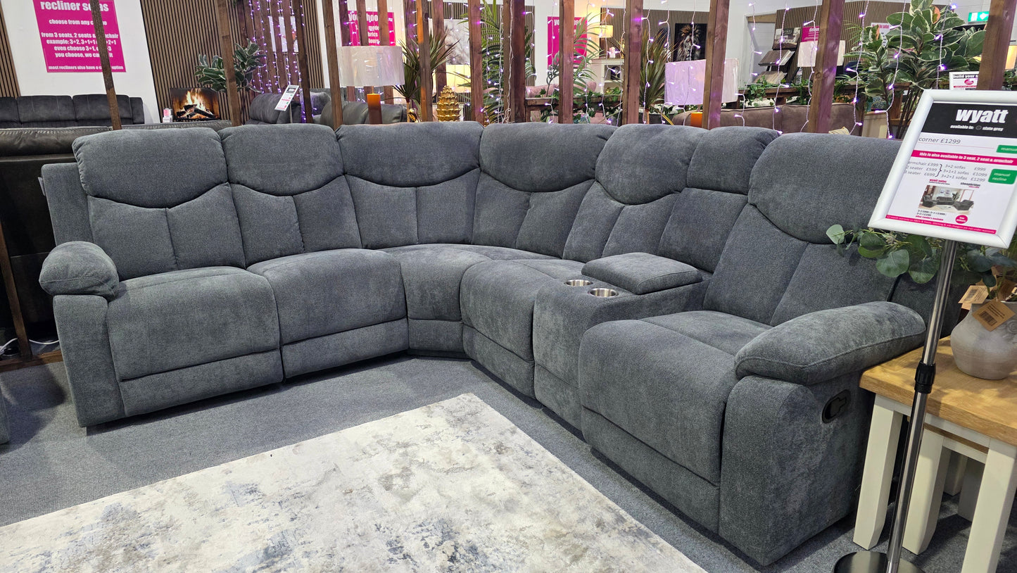 Wyatt Recliner Corner Sofas - Grey Fabric