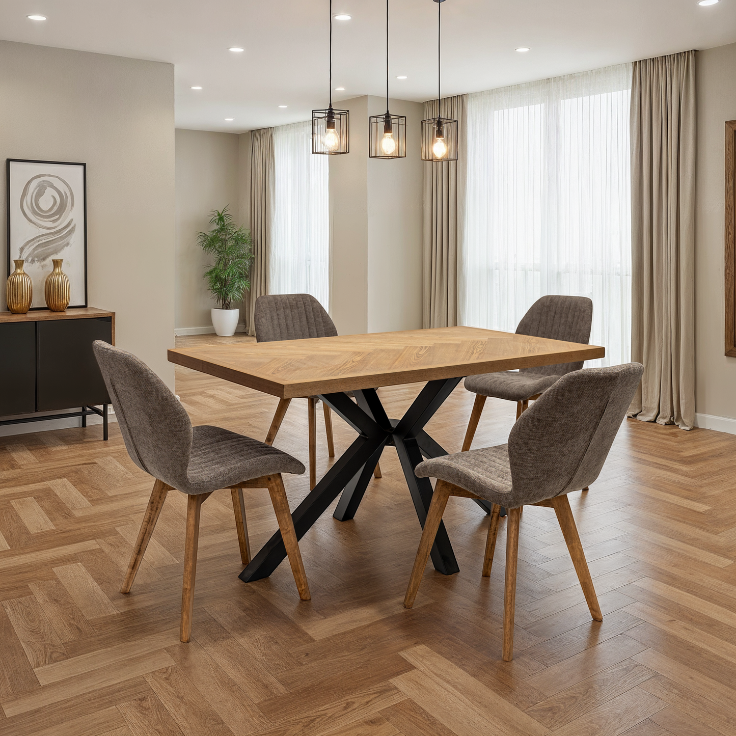 Ashford 1.4m Ash Veneer Dining Table Set + Windsor Grey Fabric Dining Chairs