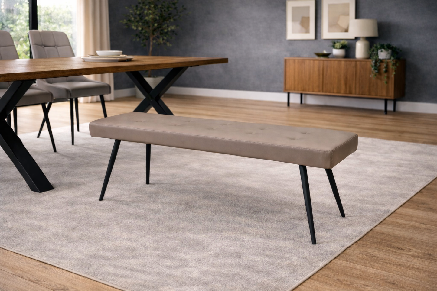 Elmstead 1.8m Medium Elm Veneer Table Set + 6x Naples Taupe Faux Leather Dining Chairs & Bench