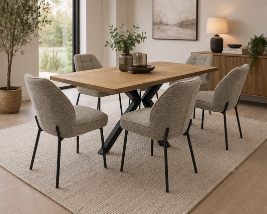 Henley Medium Oak Veneer 1.8m Dining Table Set + 6 Athens Mocha Chenille Fabric Chairs