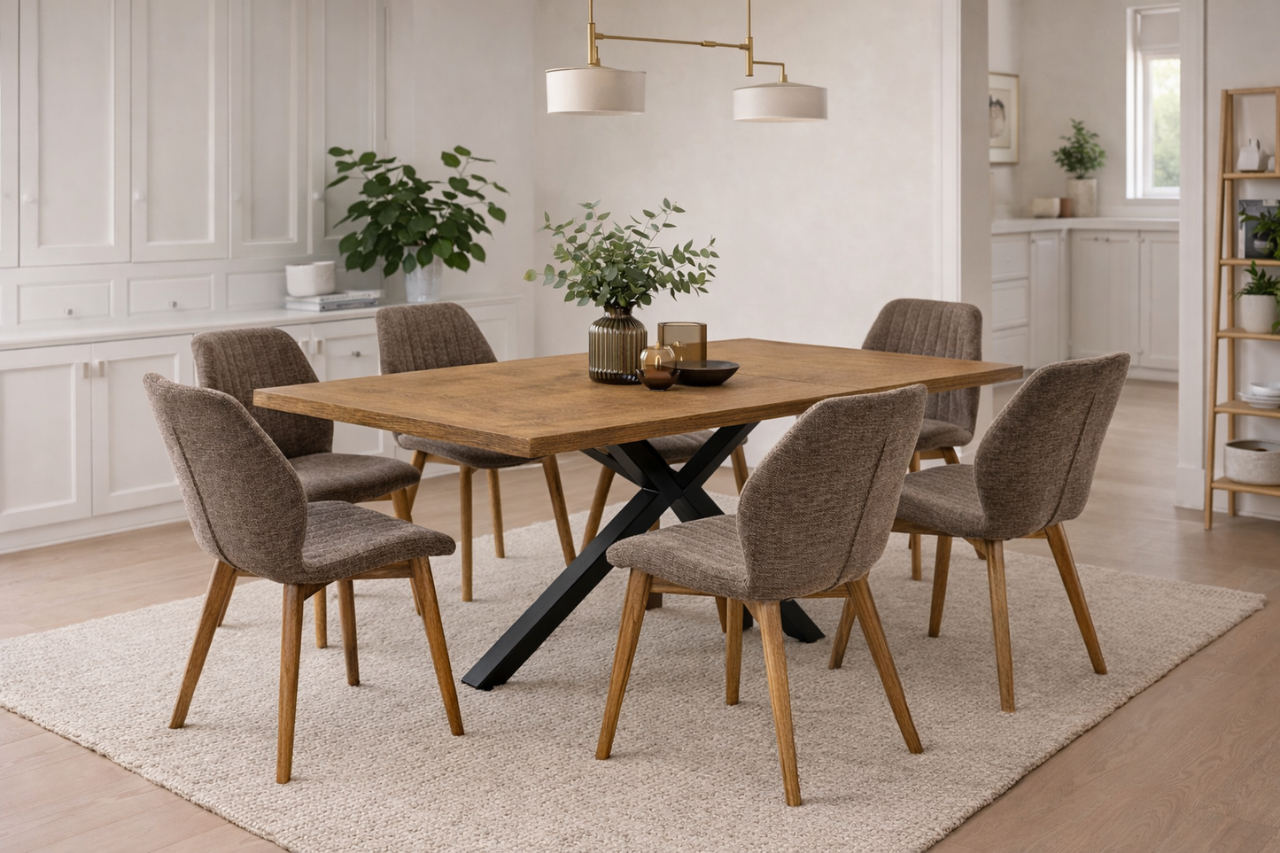 Henley Medium Oak Veneer 1.8m Dining Table Set + 6 Windsor Mocha Fabric Chairs