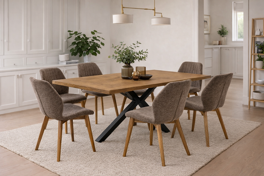 Henley Medium Oak Veneer 1.8m Dining Table Set + 6 Windsor Mocha Fabric Chairs
