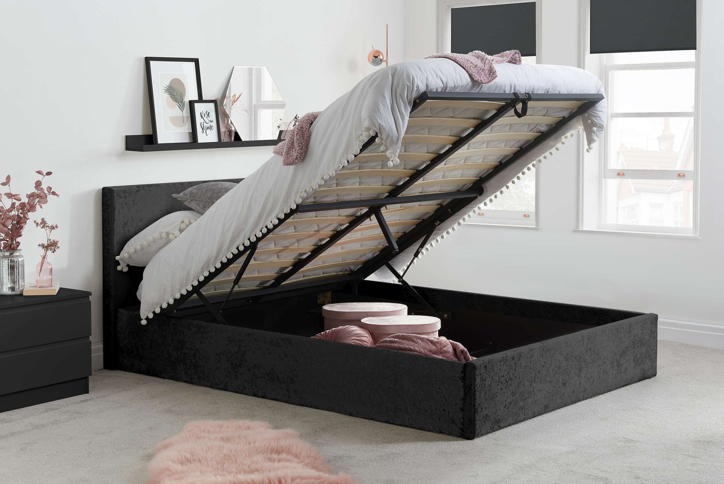 Berlin Black Crushed Velvet Ottoman Storage Bed