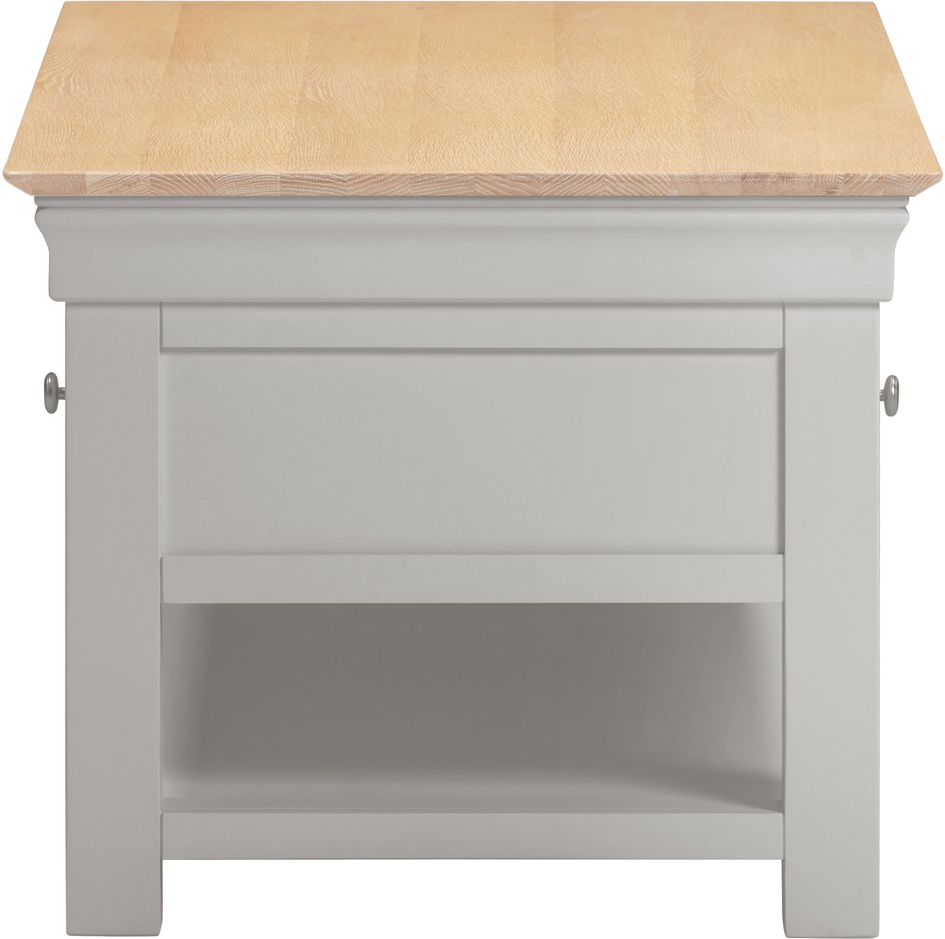 Gray side table with a wooden top on a white background