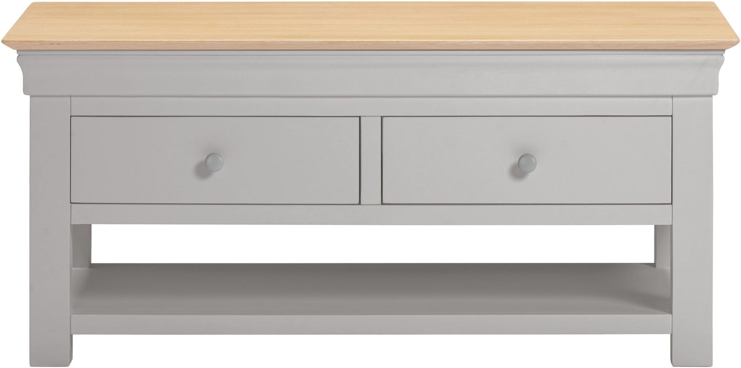 Gray coffee table with wooden top on a white background