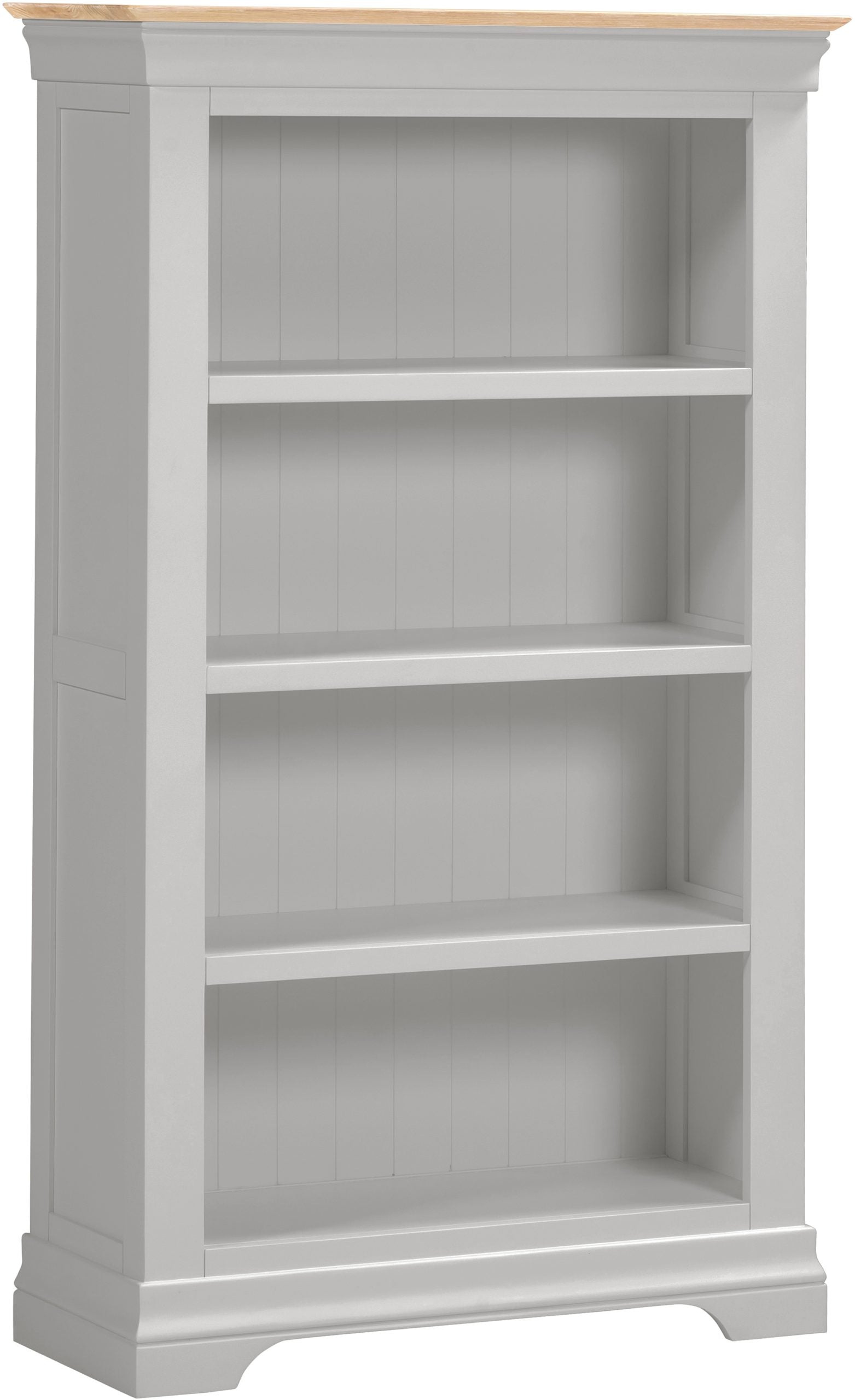 Gray bookshelf with a wooden top on a white background