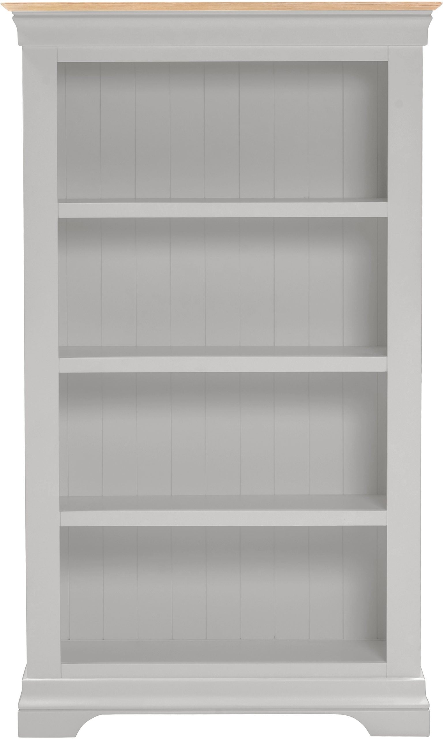 Gray bookshelf with a wooden top on a white background
