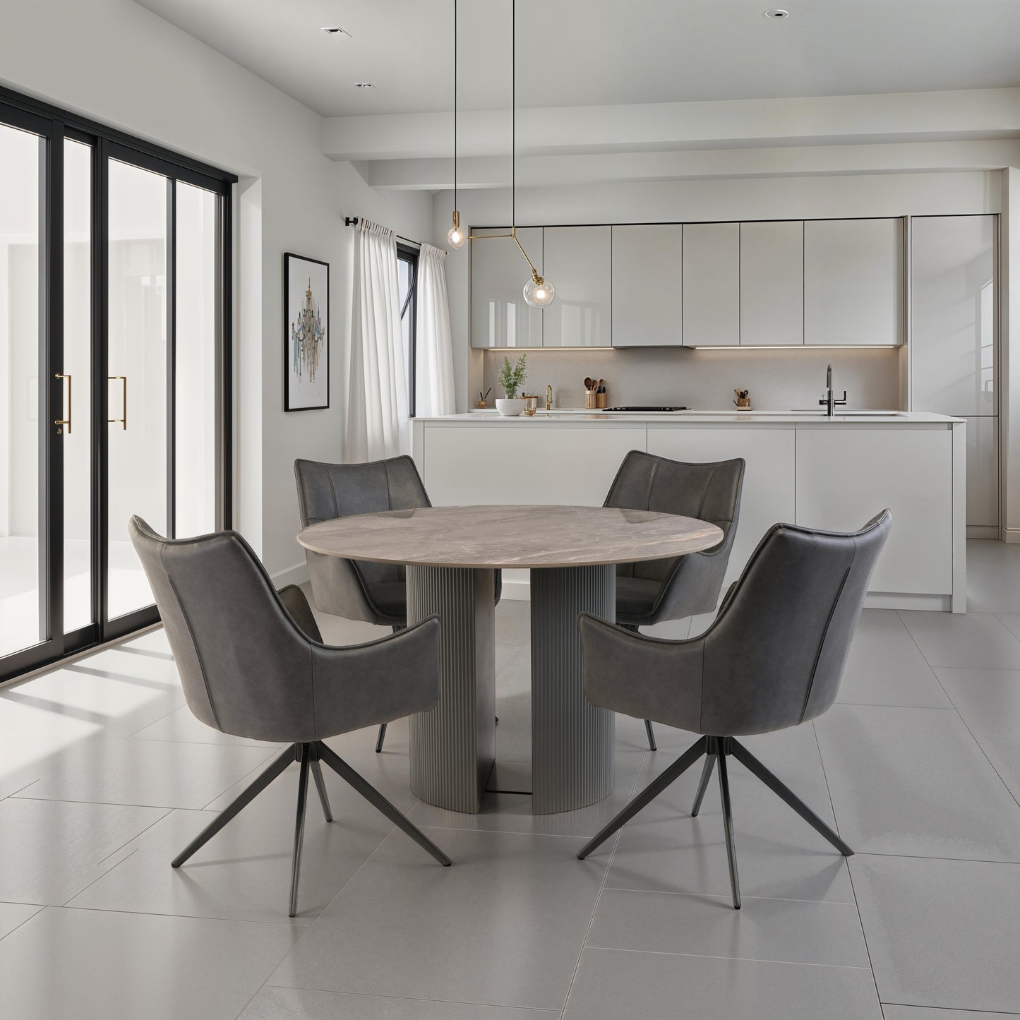 Luca Grey Stone 1.2m Round Dining Table Set + Hunter Charcoal Dining Chairs