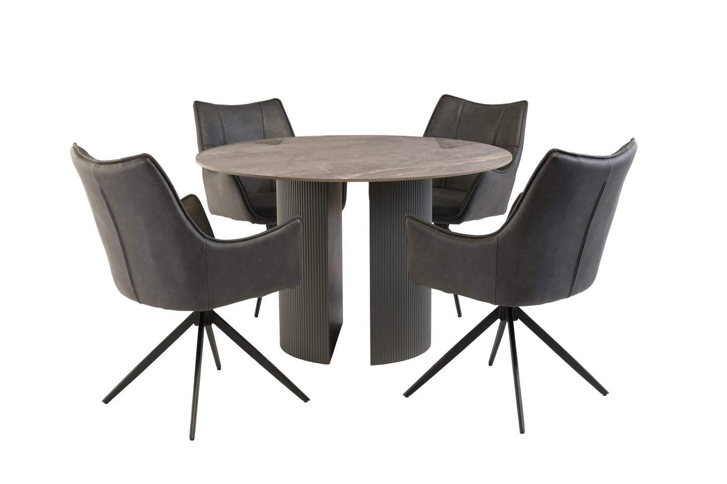 Luca Grey Stone 1.2m Round Dining Table Set + Hunter Charcoal Dining Chairs