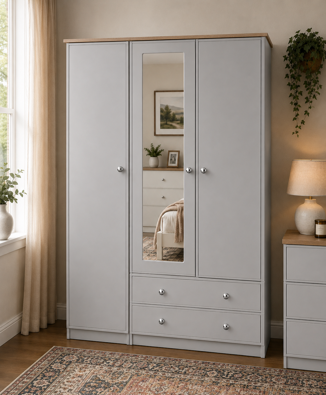 Millwood Light Grey Three Door Two Drawer Wardrobe
