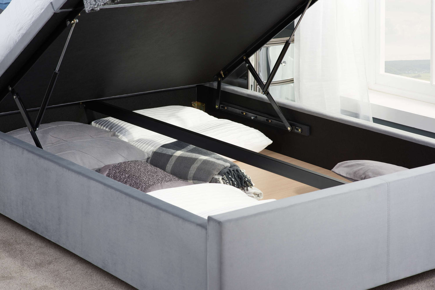 Cologne Grey Fabric Ottoman Storage Bed