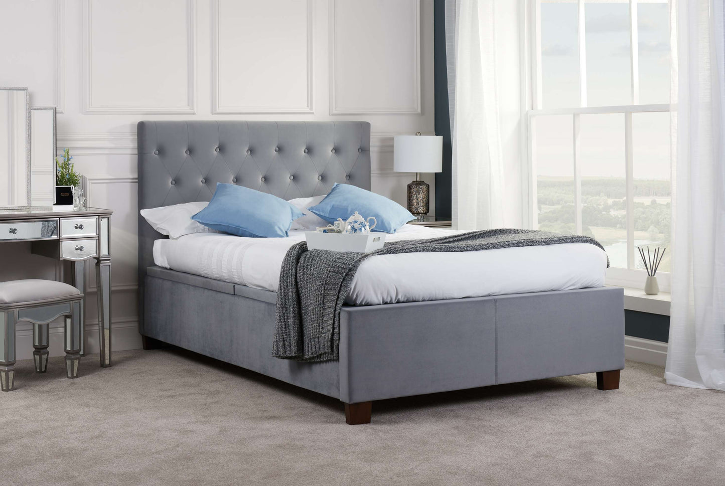 Cologne Grey Fabric Ottoman Storage Bed