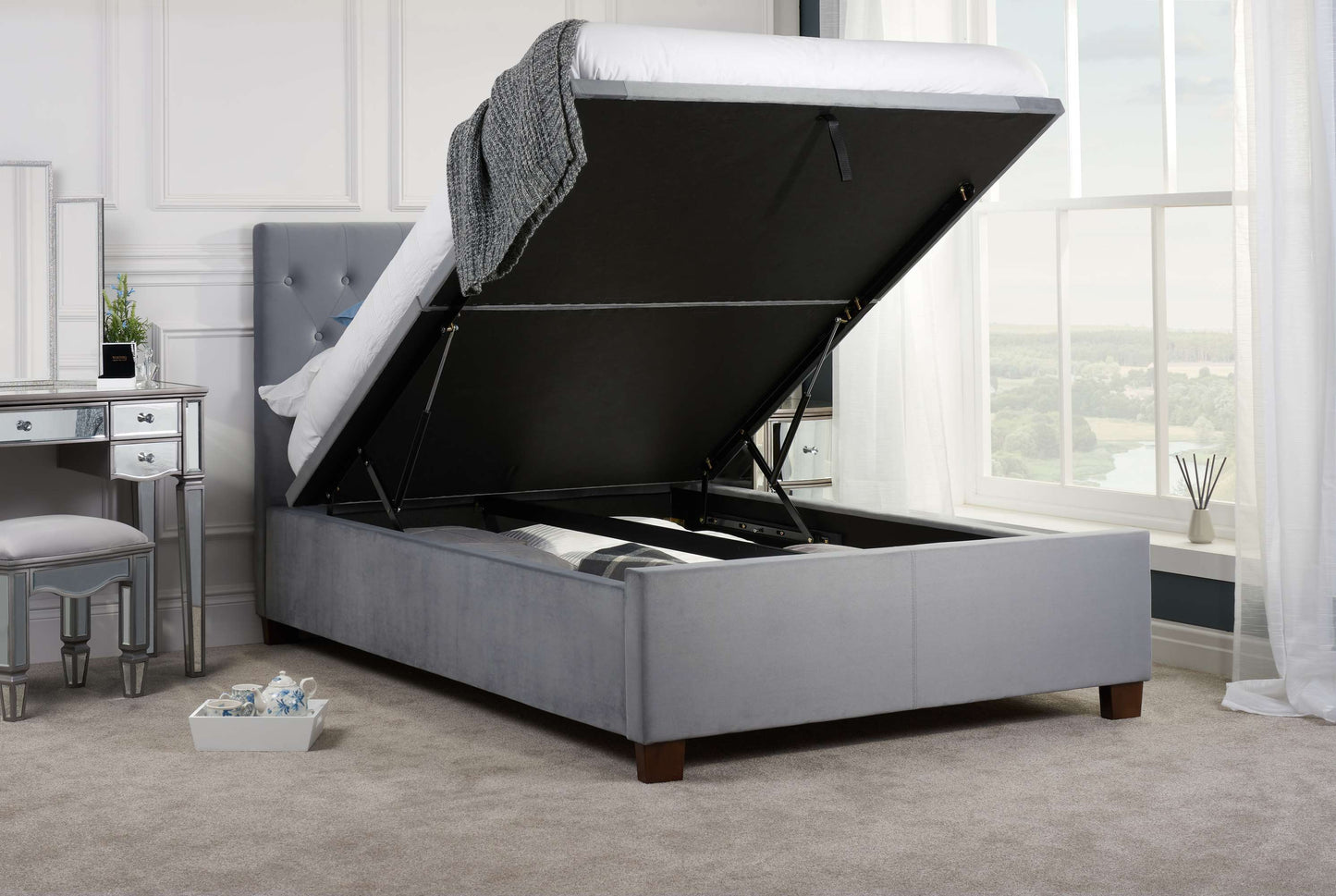 Cologne Grey Fabric Ottoman Storage Bed