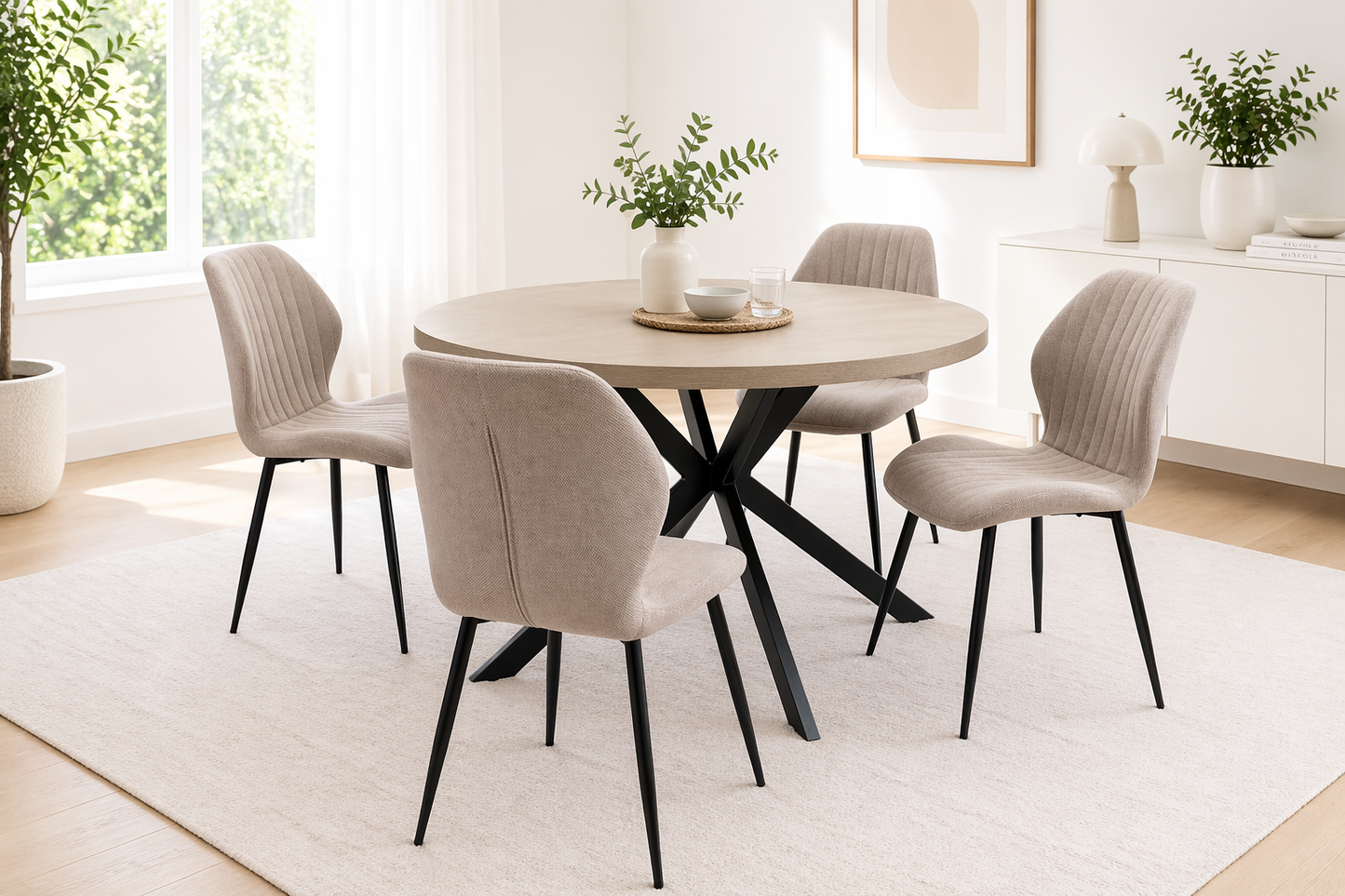 Willow 1.2m Light Oak Round Dining Table Set + Ashton Stone Fabric Dining Chairs