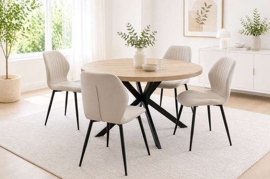 Willow 1.2m Light Oak Round Dining Table Set + Santorini Dining Chairs
