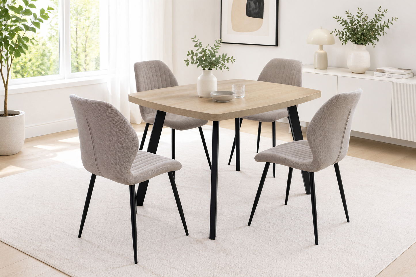 Willow 1.2m Light Oak Dining Table Set + Windsor Mocha Fabric Dining Chairs