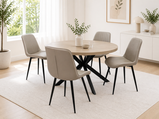 Willow 1.2m Light Oak Round Dining Table Set + Prague Dining Chairs