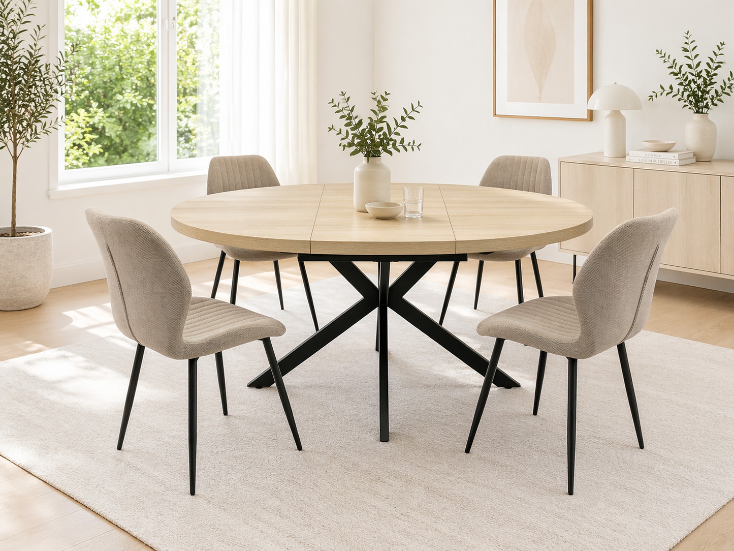Willow 1.2m Extending (+40cm) Light Oak Round Dining Table Set + Ashton Chairs