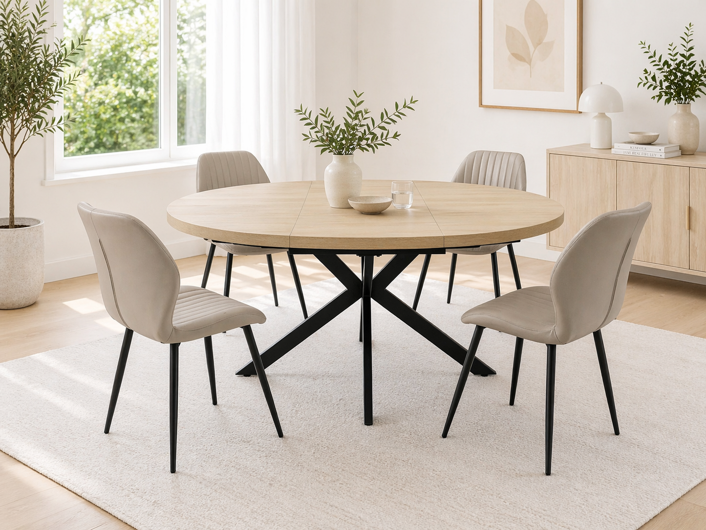 Willow 1.2m Extending (+40cm) Light Oak Round Dining Table Set + Santorini Dining Chairs