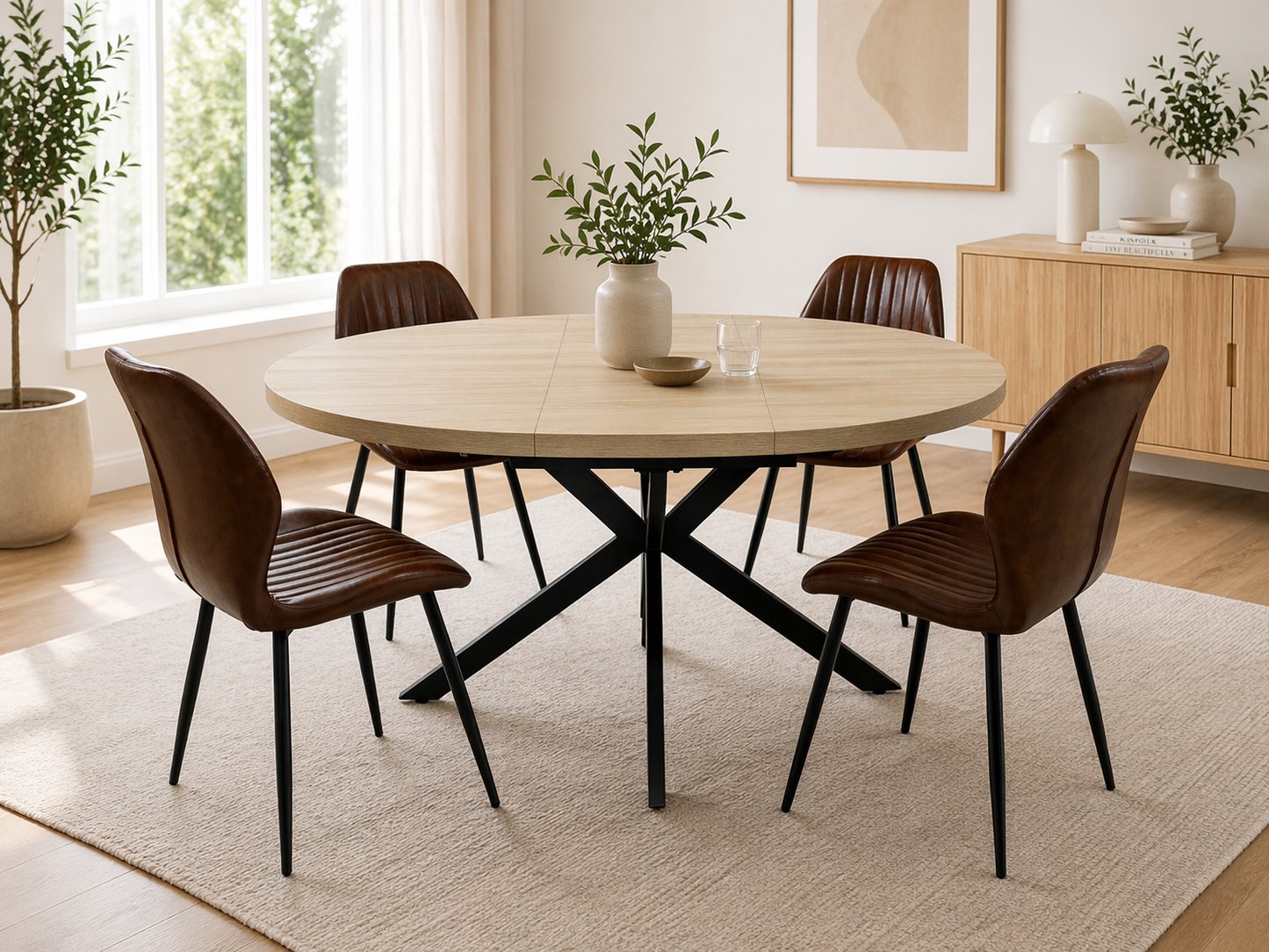 Willow 1.2m Extending (+40cm) Light Oak Round Dining Table Set + Cambridge Dining Chairs